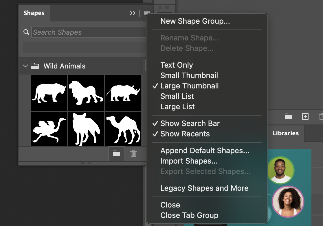 Photoshop shapes pane