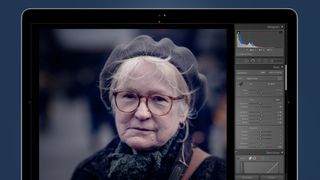 Face of a woman wearing glasses in a Lightroom preset
