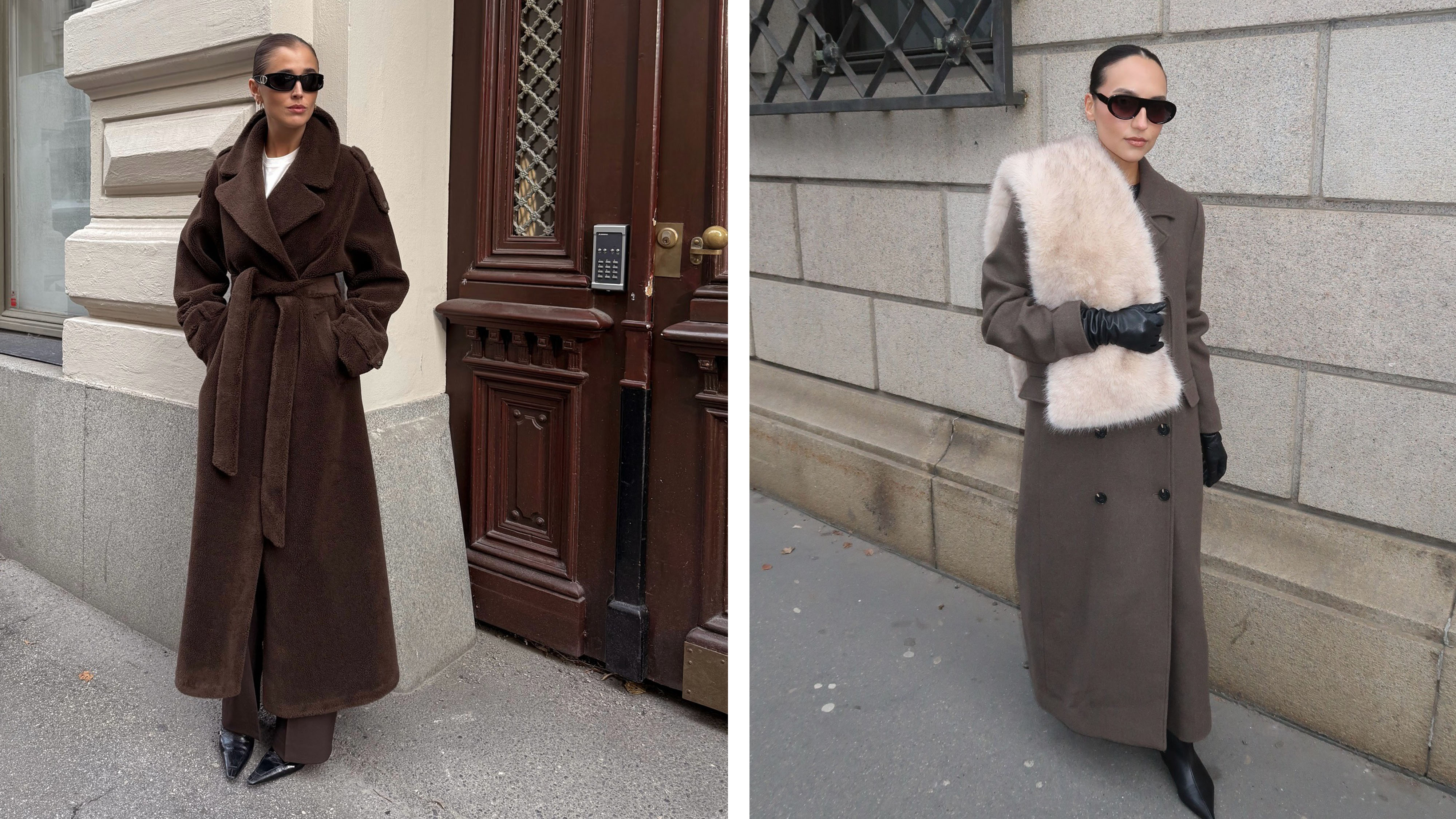 Two women wearing long winter coats.