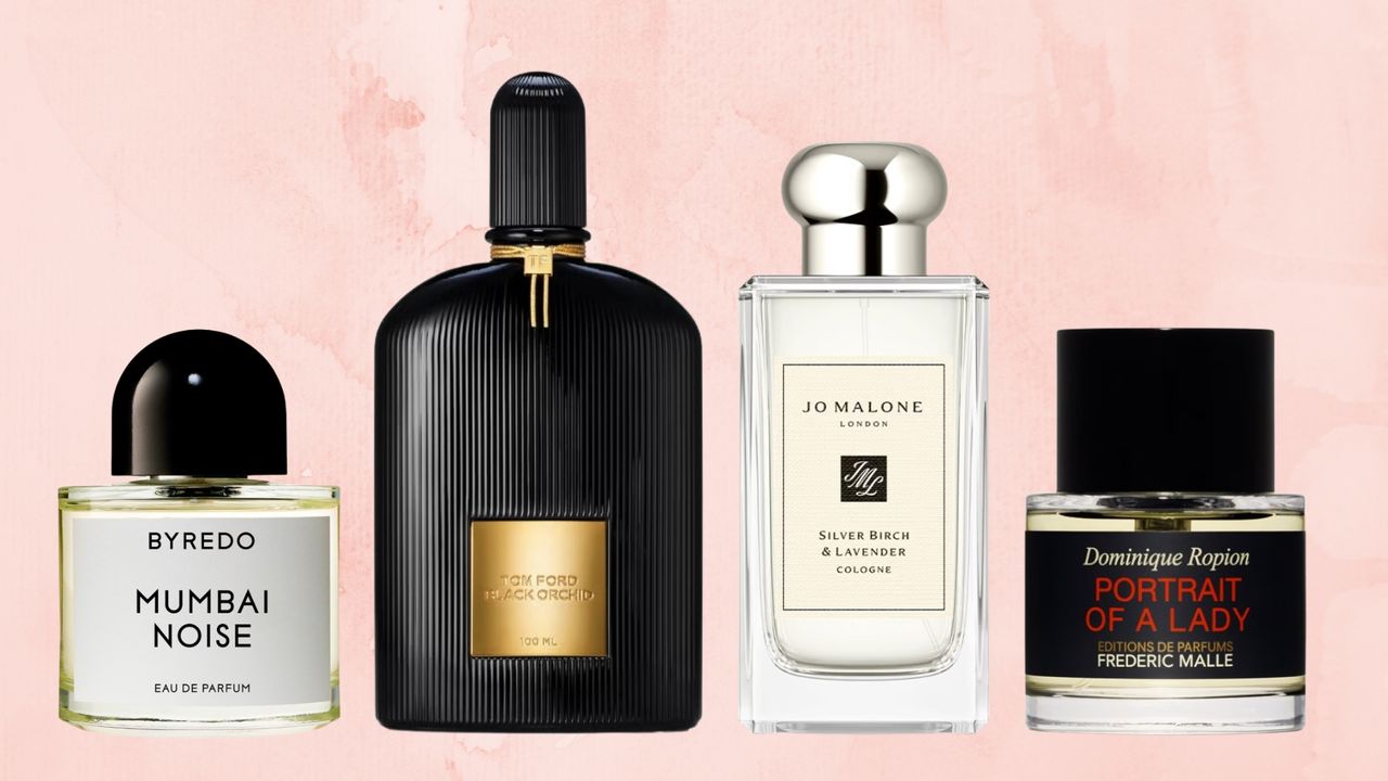 A collage of best long-lasting perfumes for women featuring product images of Byredo&#039;s Mumbai Noise, Tom Ford&#039;s Black Orchid, Jo Malone&#039;s Silver Birch &amp; Lavender cologne and Frédéric Malle&#039;s Portrait of a Lady perfume/ on a pink, watercolour paint-style template