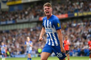 Evan Ferguson of Brighton celebrates after scoring the team's fourth goal during the Premier League match between Brighton & Hove Albion and Luton Town at American Express Community Stadium on August 12, 2023 in Brighton, England.