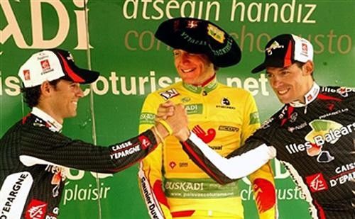The final podium: Alejandro Valverde (2nd), Angel Gomez Marchante (1st) and Antonio Colom (3rd)