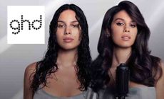 GHD logo placed over an image of a girl with before and after shots of using a GHD hairdryer brush