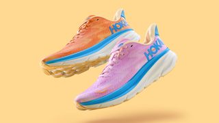 Hoka Clifton 9 running shoes in orange and pink colorways