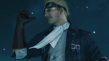 Cid holds stands with a northern lights behind him in Final Fantasy 7 Revelation - cropped to fit a header image