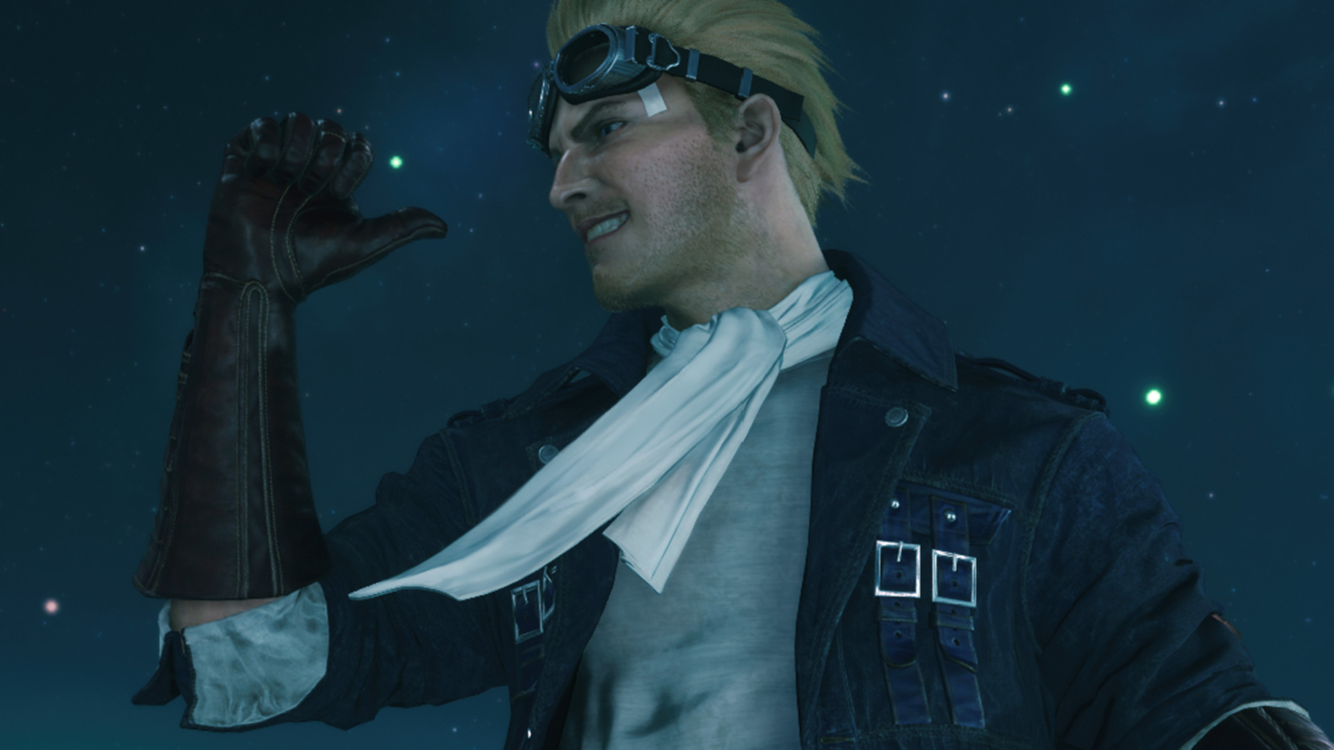 Cid holds stands with a northern lights behind him in Final Fantasy 7 Revelation - cropped to fit a header image