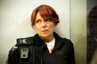 Casualty star Sterling Gallacher as police officer Ffion Morgan.