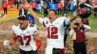 Rob Gronkowski and Tom Brady of the NFL Tampa Bay Buccaneers celebrate after defeating the Kansas City Chiefs in Super Bowl LV at Raymond James Stadium on Feb. 7, 2021 in Tampa, Florida.