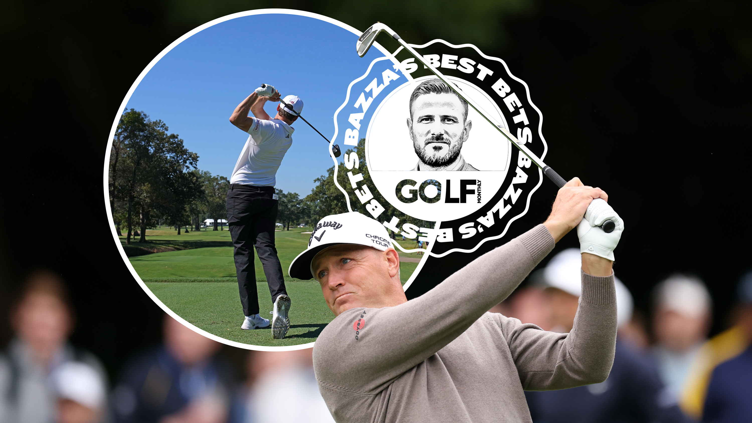 Alex Noren and Rasmus Hojgaard, Bazza&#039;s Best Bets for the Baycurrent Classic 2025, in the finish position with their golf club alongside an inset image of the Bazza&#039;s Best Bets logo