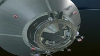 A closeup of the docking port on China's Tiangong 1 space lab.