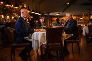 James, Alan and Frank at dinner in Moonflower Murders episode 4