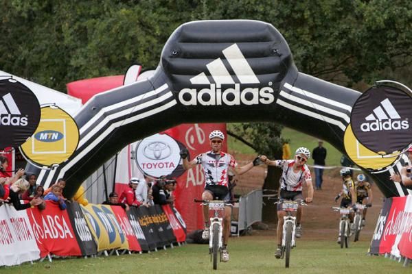 Lukas and Mathias Fluckiger of team Trek World Racing celebrate their stage win during stage seven of the 2010 Absa Cape Epic Mountain Bike stage race held in and around Oak Valley in the Western Cape, South Africa.