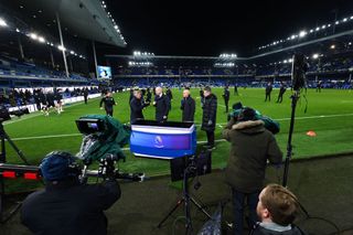 A general view at Goodison Park, home stadium of Everton as Sean Dyche the head coach / manager of Everton is interviewed by Amazon Prime ahead of the Premier League match between Everton FC and Newcastle United at Goodison Park on December 7, 2023 in Liverpool, England