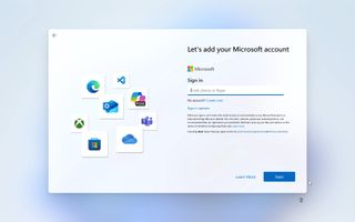 Windows 11 setup with "Let's add your Microsoft account" fields