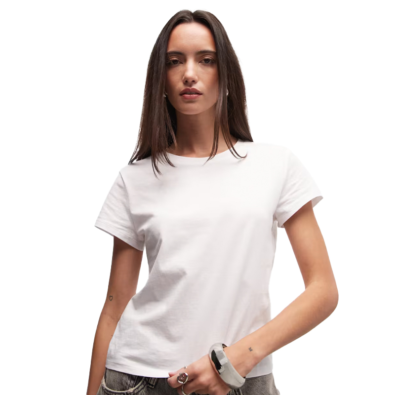 model wearing a white tshirt, monki