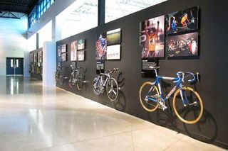This wall chronicles the Trek bikes used to win Grand Tours by Lance Armstrong and Alberto Contador