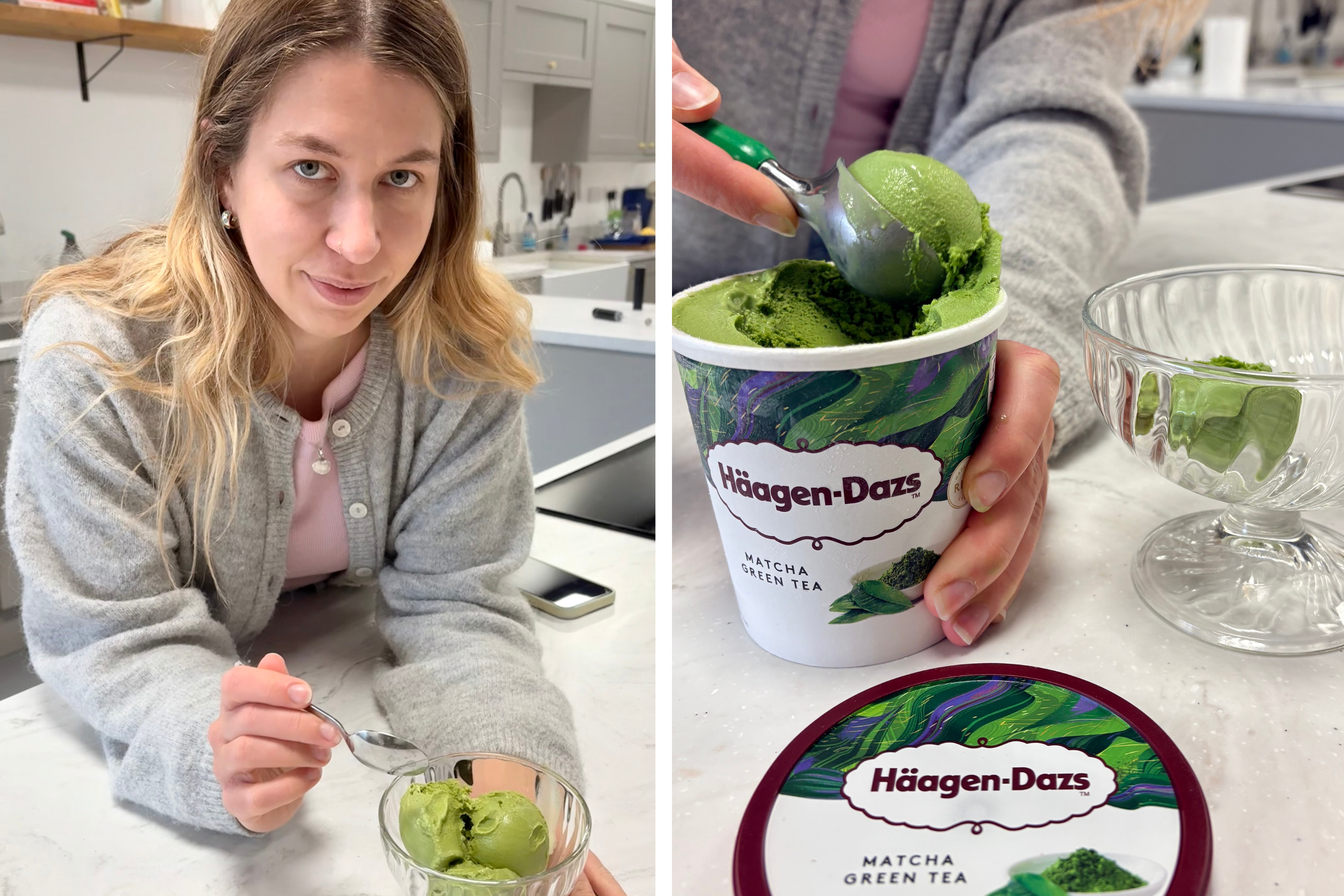 Food writer eating H&auml;agen-Dazs&rsquo; new Matcha Green Tea ice cream and spooning into a glass ice cream bowl