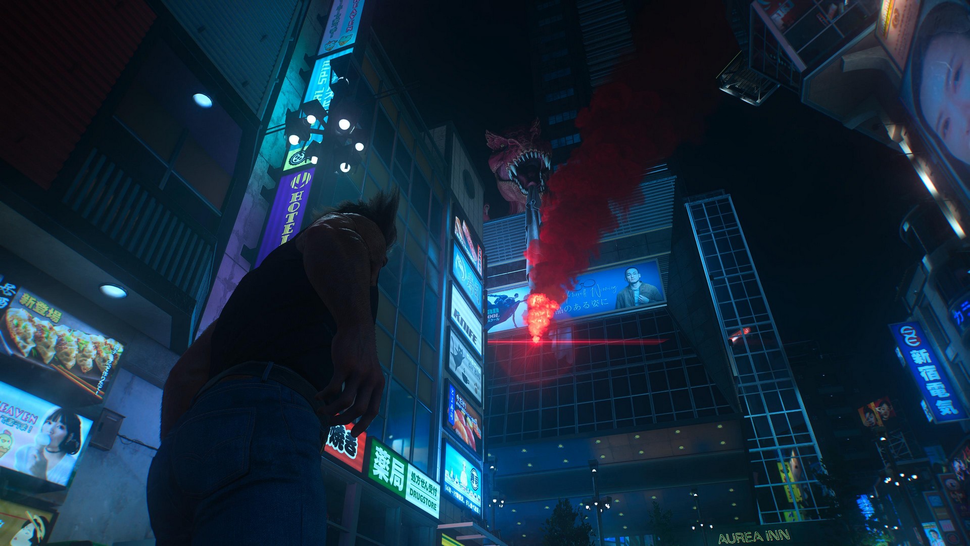 Logan looks up at a Devil Dinosaur statue in Kabukicho in Marvel's Wolverine, illuminated by a red flare