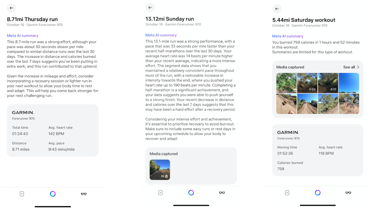 Meta AI app screenshots showing summaries of three separate runs, describing how the efforts compared against past activities.