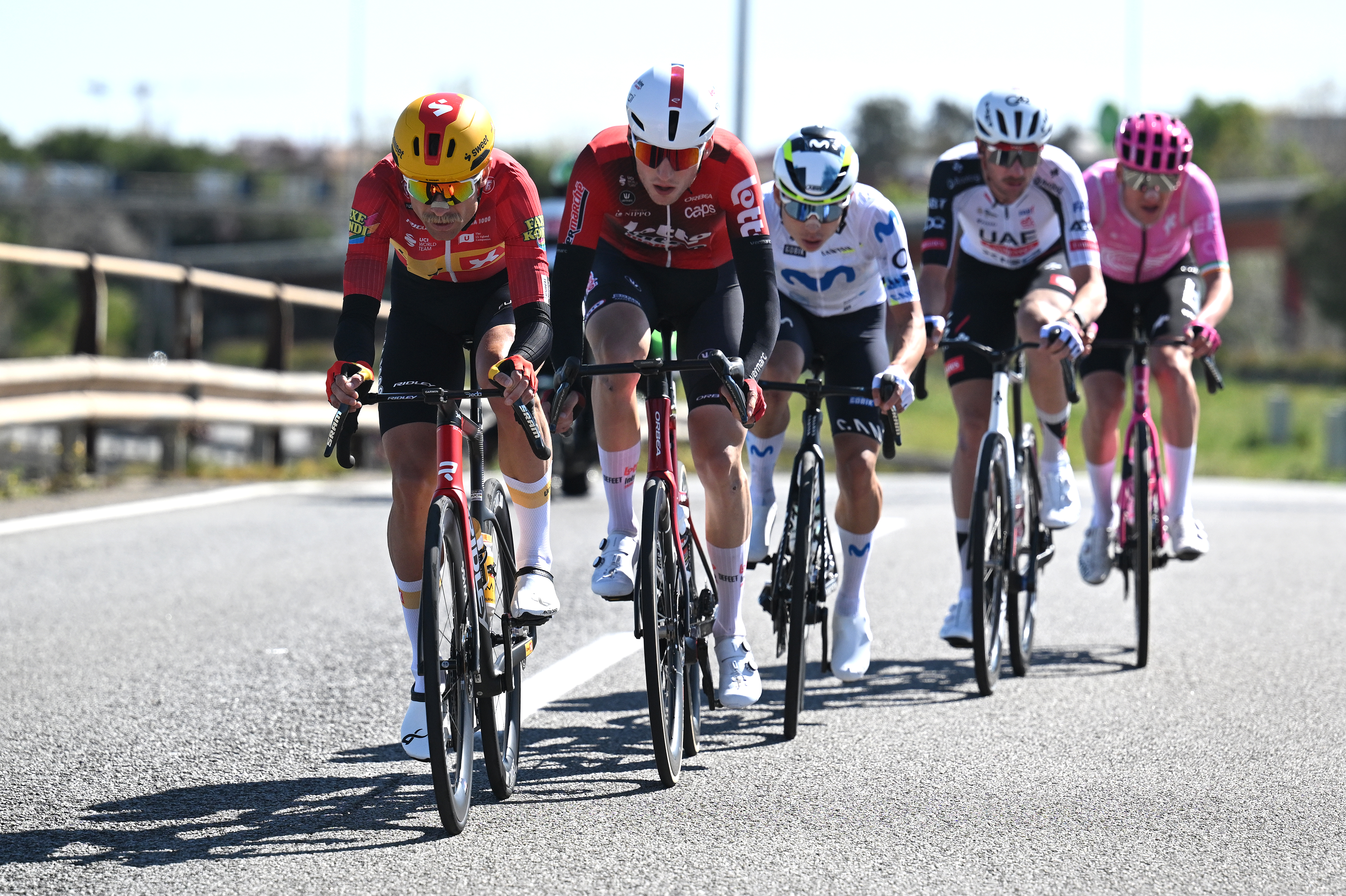 BARCELONA, SPAIN - MARCH 29: (L-R) Magnus Cort of Denmark and Team Uno-X Mobility, Liam Slock of Belgium and Team Lotto Intermarche, Einer Rubio of Colombia and Team Movistar, Brandon McNulty of United States and UAE Team Emirates - XRG and Darren Rafferty of Ireland and Team EF Education - EasyPost compete during the 105th Volta a Catalunya 2026, Stage 7 a 95.1km stage from Barcelona to Barcelona / #UCIWT / on March 29, 2026 in Barcelona, Spain. (Photo by Szymon Gruchalski/Getty Images)