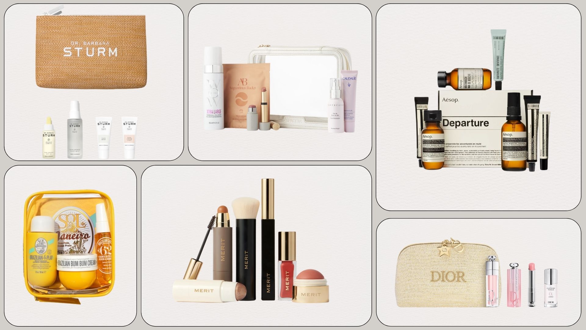 Collage of beauty travel sets and kits, including Merit, Dr Barbara Sturm, Space NK, Aesop, Dior and Sol De Janeiro