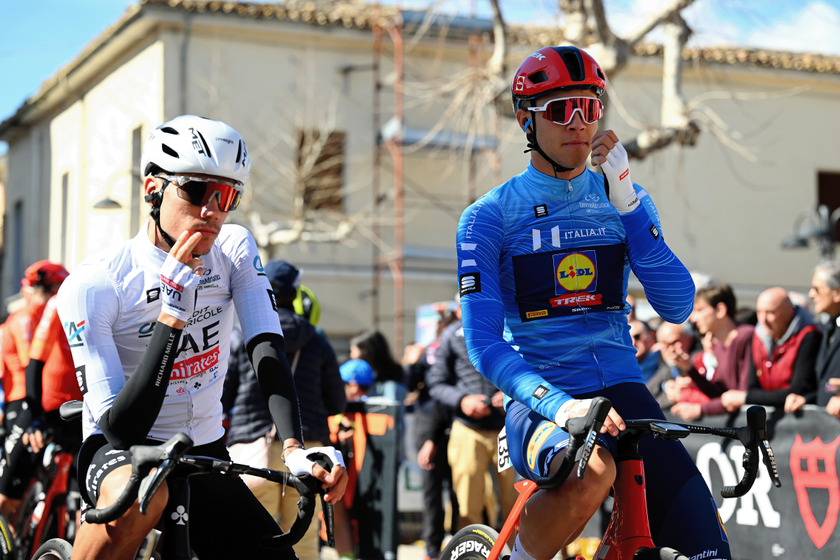 TORRICELLA SICURA, ITALY - MARCH 08: (L-R) Juan Ayuso of Spain and UAE Emirates Team - White best young jersey and Jonathan Milan of Italy and Team Lidl-Trek - Blue Leader Jersey prior to the 59th Tirreno-Adriatico 2024 – Stage 5 a 144km stage from Torricella Sicura to Valle Castellana 615m / #UCIWT / on March 08, 2024 in Torricella Sicura, Italy. (Photo by Tim de Waele/Getty Images)