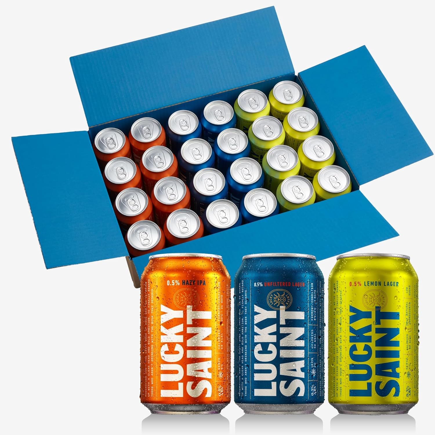 Lucky Saint Lager, Ipa &amp;amp; Lemon Lager Mixed Pack, Case of 24 X 330ml | Non Alcoholic Beer, 0.5% Abv, Low Sugar, Low Calories, All Natural Ingredients