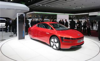 Red Volkswagen is electric two-seater with a clean, teardrop-shaped body shell