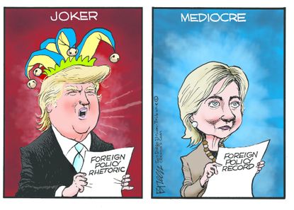 Political cartoon U.S. trump Hillary Foreign Policy