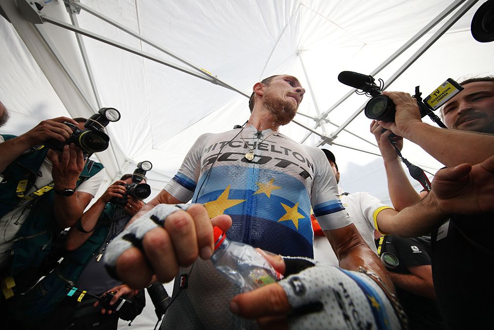Matteo Trentin (Mitchelton-Scott) celebrates a solo victory on stage 17 at the Tour de France