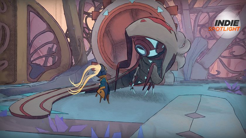 MIO: Memories in Orbit screenshot showing a little, nimble robot called Mio meeting a larger machine. The GamesRadar+ Indie Spotlight logo can be seen in the top right-hand corner of the image. 