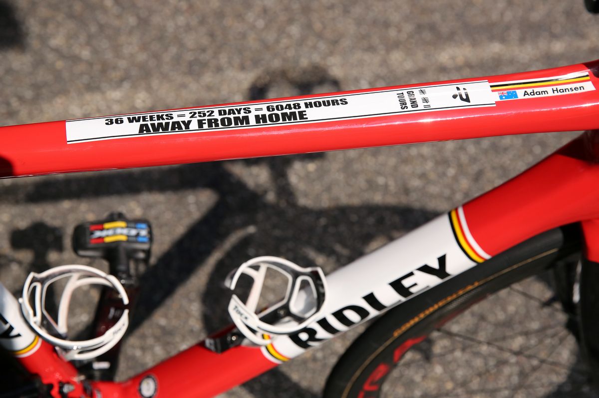 Adam Hansen's top tube puts it into figures just how many hours on the bike he's spent racing three week tours