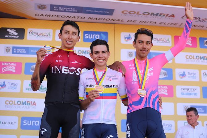 Egan Bernal (Team Ineos), Sergio Higuita and his EF Pro Cycling teammate Daniel Martinez make up the men&rsquo;s road race podium at the 2020 Colombian National Championships