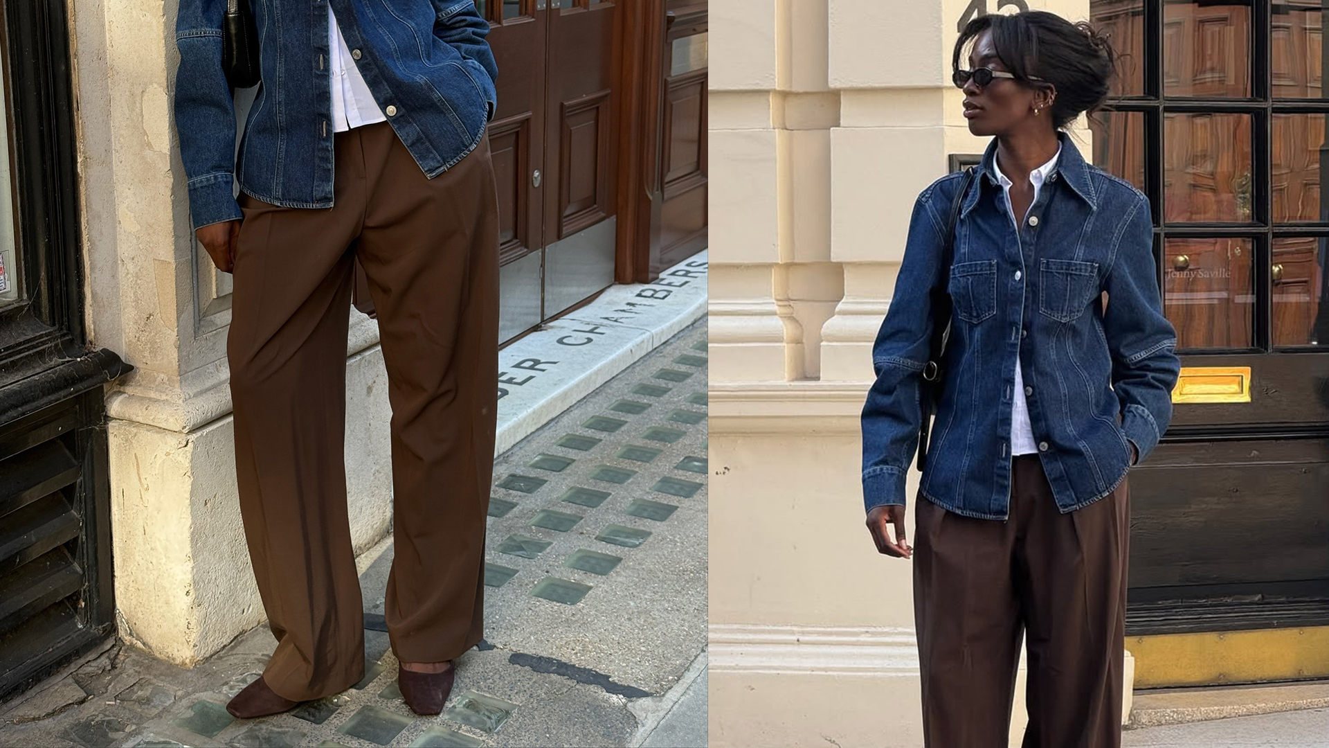 liv wears denim fitted jacket, brown slacks, and suede heels