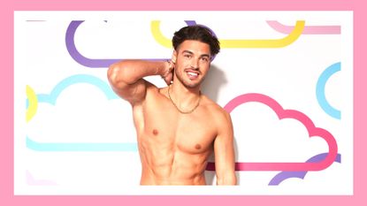 Spencer Wilks from Love Island 2023, infront of a colorful cloud backdrop and in a pink template