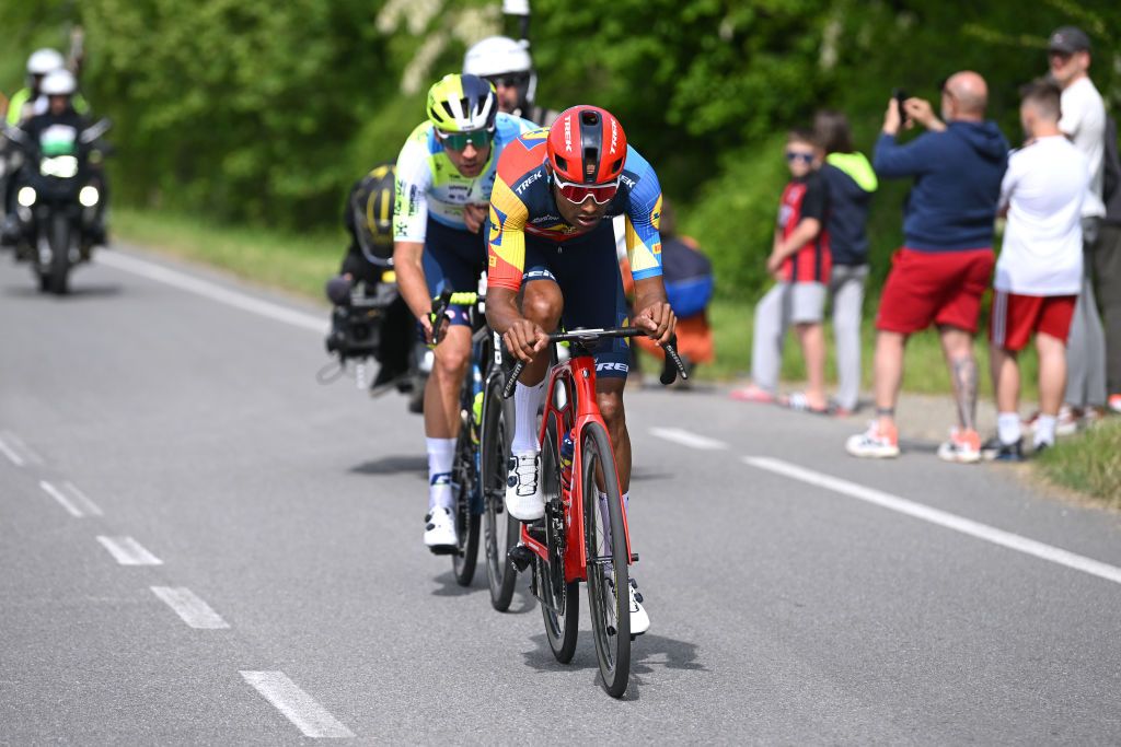 TORINO ITALY MAY 04 LR Lilian Calmejane of France and Team Intermarche Wanty and Amanuel Ghebreigzabhier of Eritrea and Team Lidl Trek compete in the breakaway during the 107th Giro dItalia 2024 Stage 1 a 140km stage from Venaria Reale to Torino UCIWT on May 04 2024 in Torino Italy Photo by Dario BelingheriGetty Images