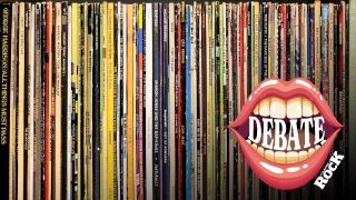 The spines of classic rock albums on a shelf