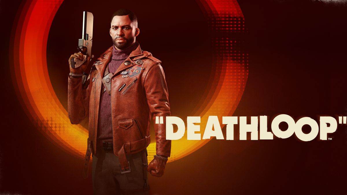 Deathloop&#039;s main character Colt stood next to the game&#039;s logo