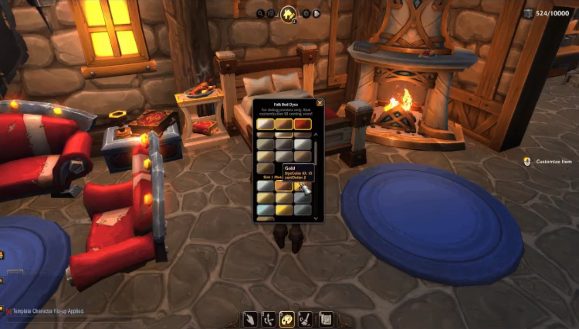 In-game screenshot of a player dying furniture in World of Warcraft