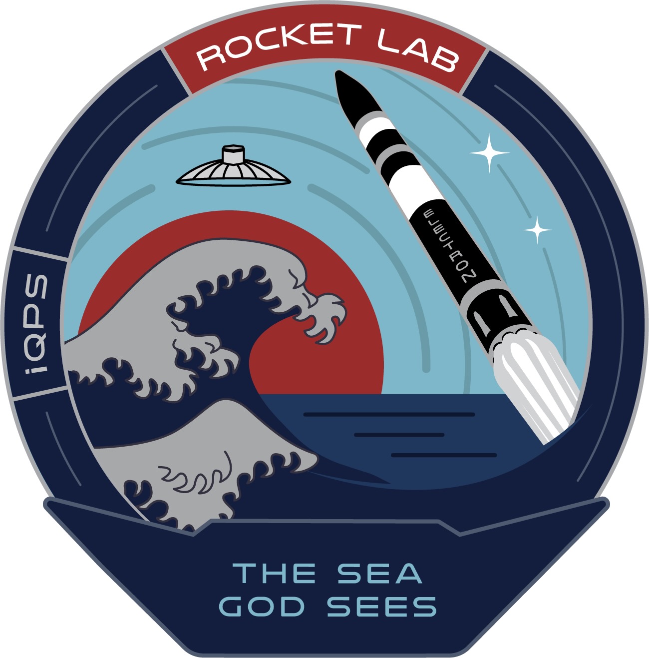 circular space mission patch showing a rocket flying over waves, with the words "rocket lab," "the sea god sees" and "iqps" around the outside