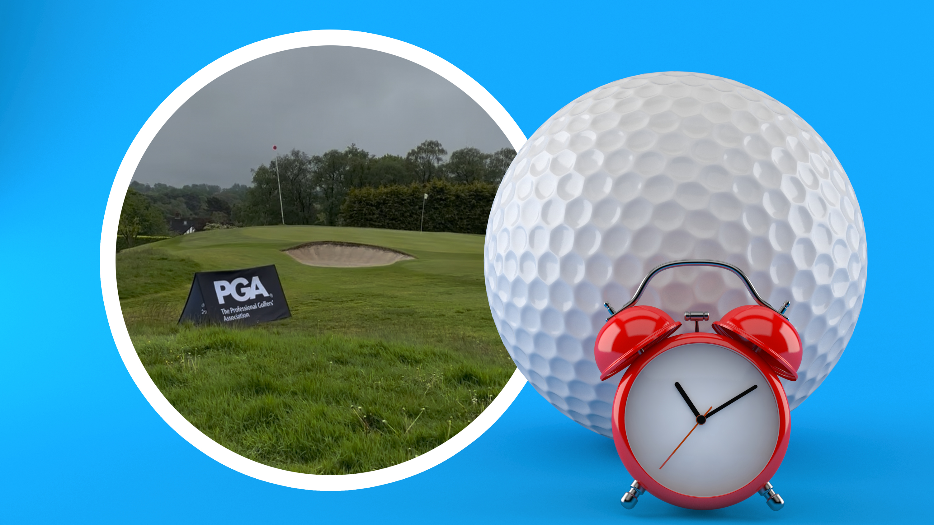 An image of the PGA North tournament at Sand Moor Golf Club, which I visited to gather pace of play data, with an inset image of golf ball and a timer