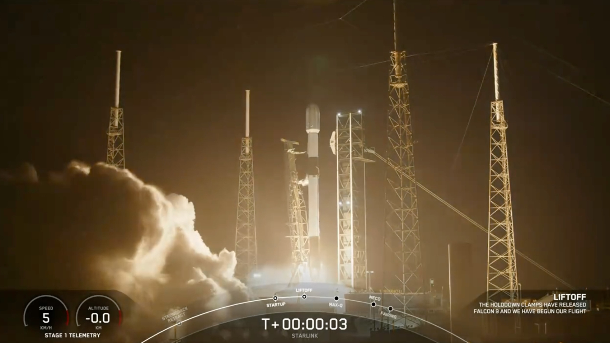 A black and white SpaceX Falcon 9 rocket launches into the night sky.