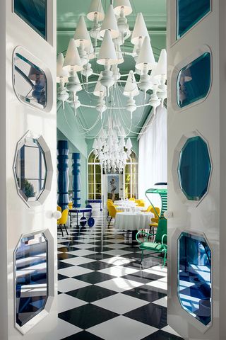 Geometric coloured glass by Jaime Hayon at La Terraza del Casino restaurant, Madrid, Spain