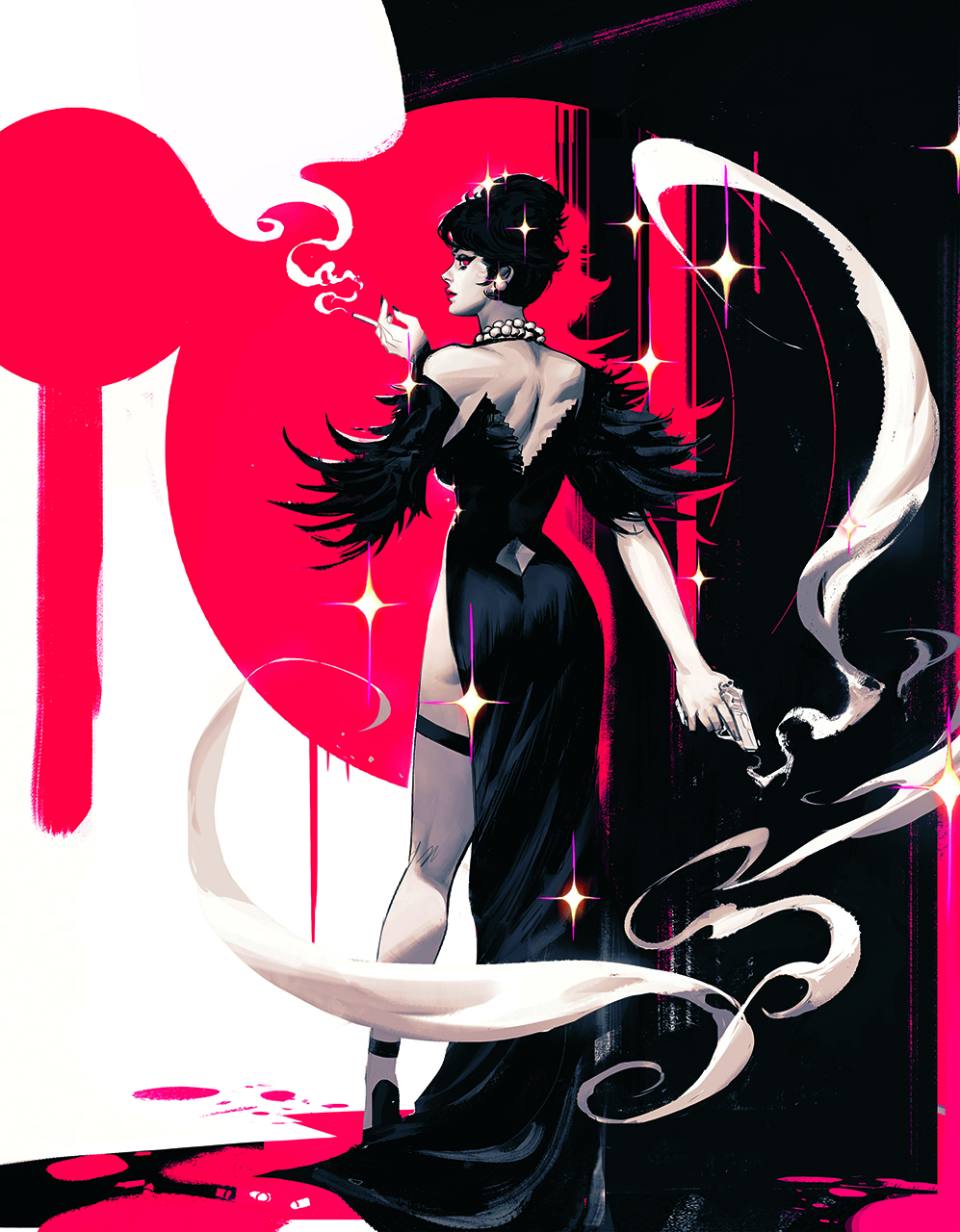fantasy character art showing a female character in red and black colour palette