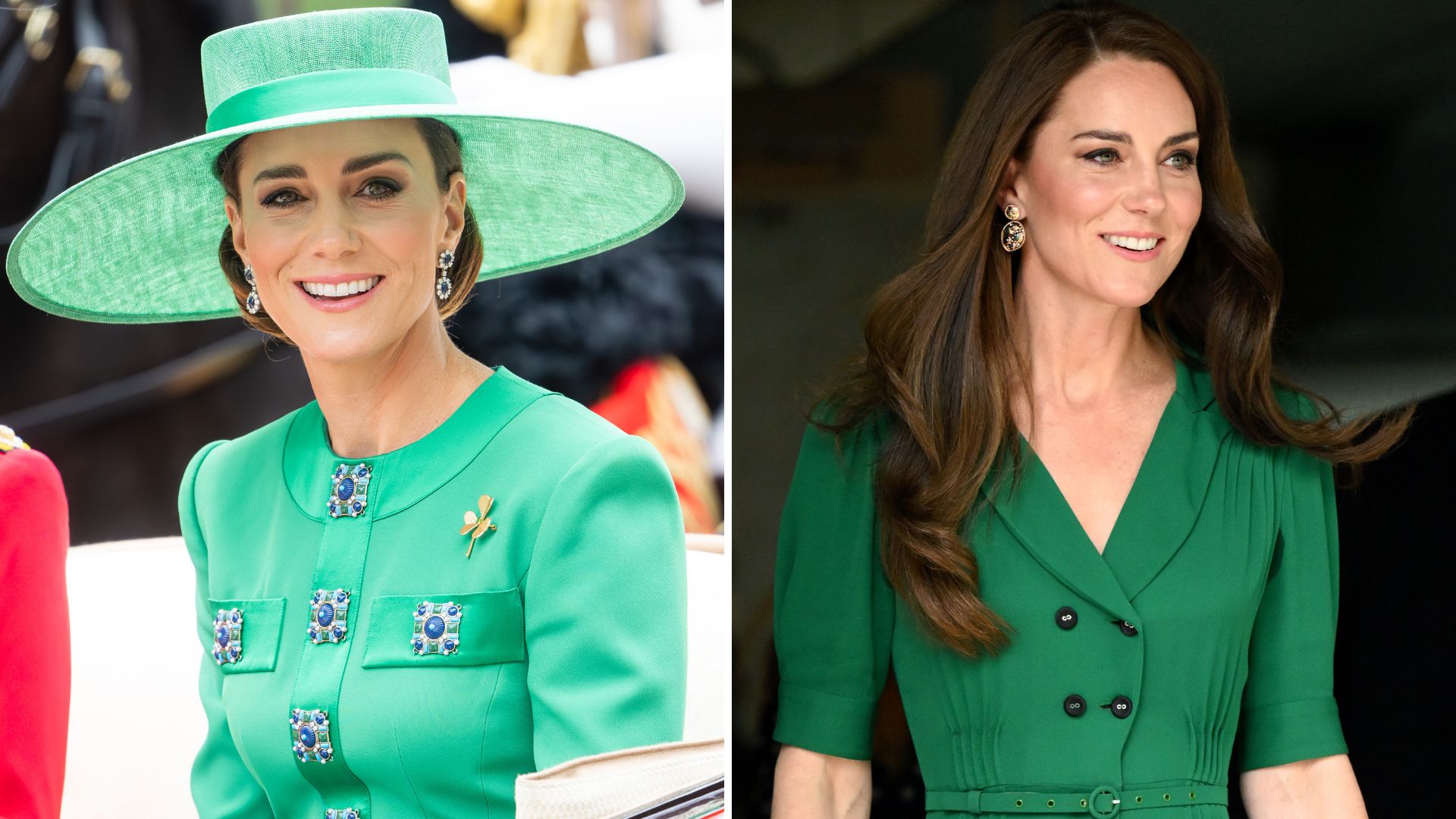 A composite of two pictures of Kate Middleton wearing similar shades of green