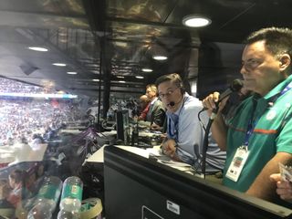 Bob Becker (left) and Kenny Walker in the NFL International Series “Live Producer” Booth, Wembley Stadium, London, UK