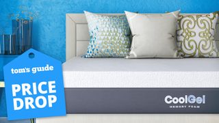 A close up of the Cool Gel Memory Foam Mattress on a bed frame in a bedroom, with three cushions resting against the headboard. A Tom's Guide Price Drop deals badge (left)
