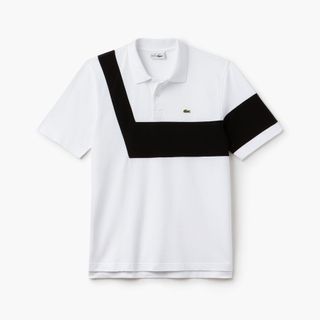 White Lacoste polo shirt with black stripe