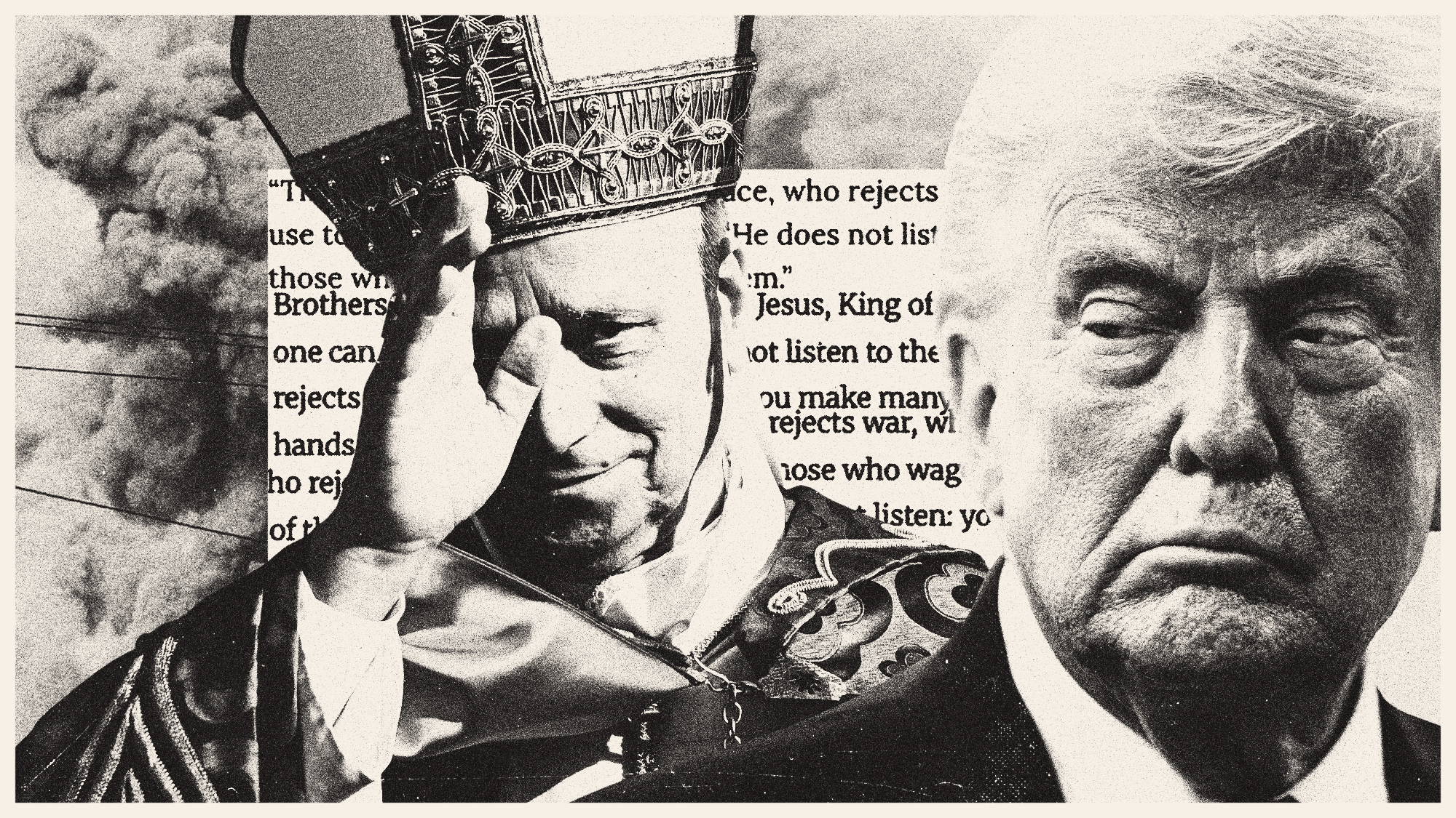 Photo composite illustration of Pope Leo XIV, Donald Trump, an explosion in Tehran and transcript of the Pope's Palm Sunday address