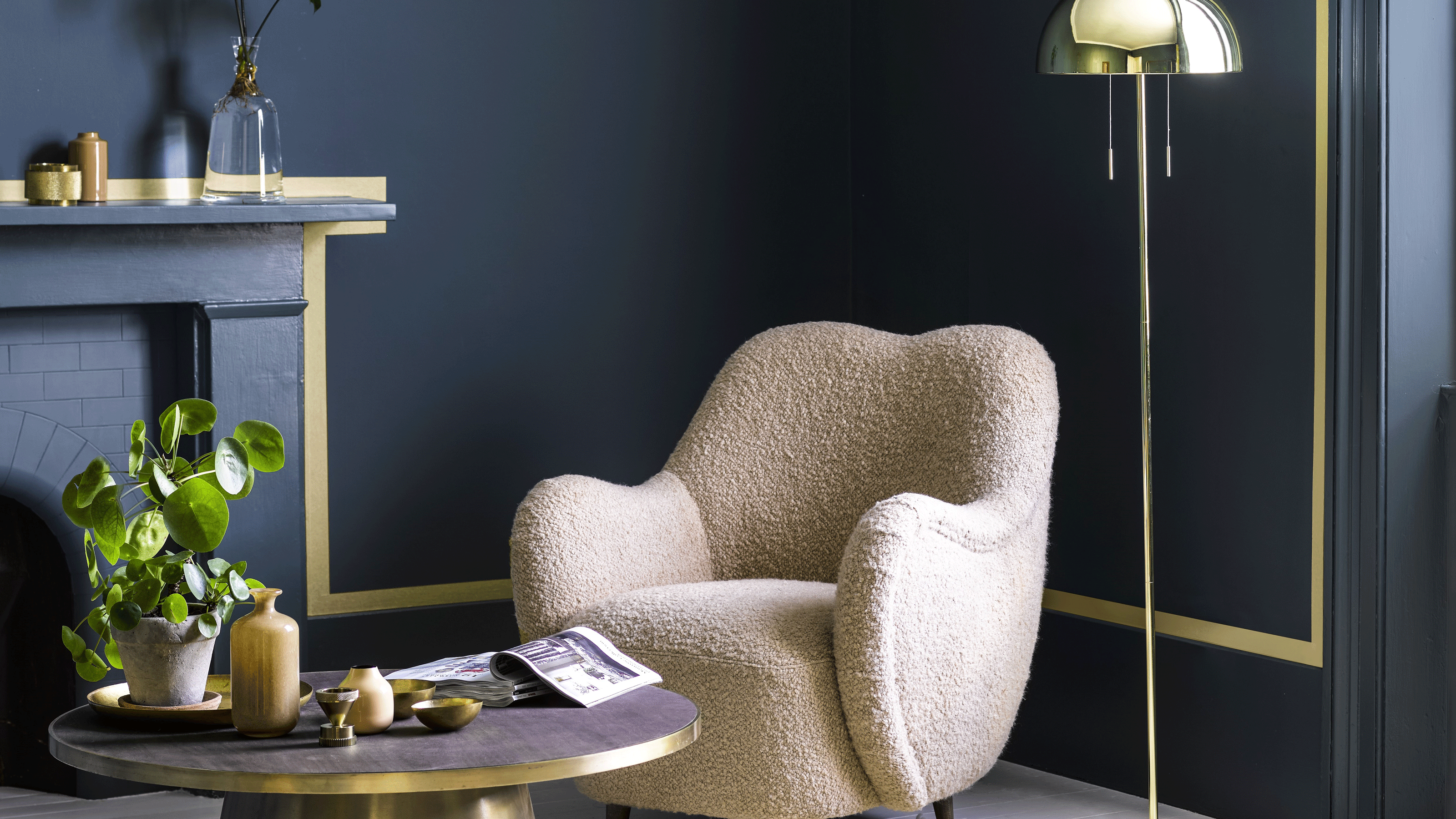 blue living room with white chair